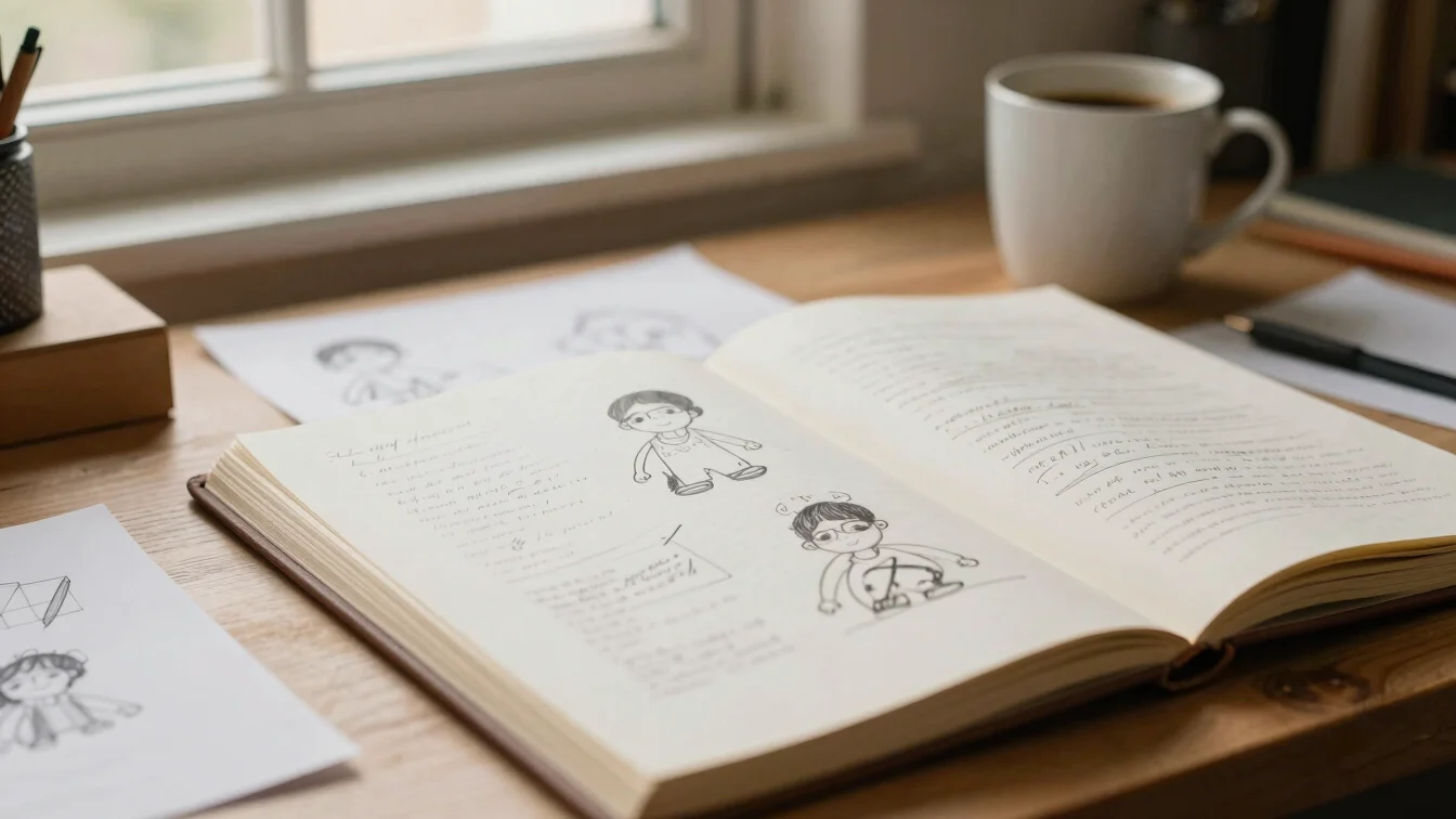 Caderno de esboços aberto sobre uma mesa de estúdio, com anotaçõe