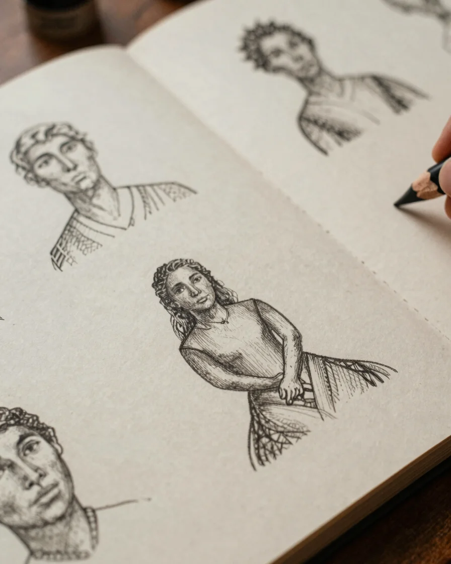 Retrato de um caderno de esboços aberto, com desenhos em andamento e detalhes de pigmentos de grafite, em um estúdio com