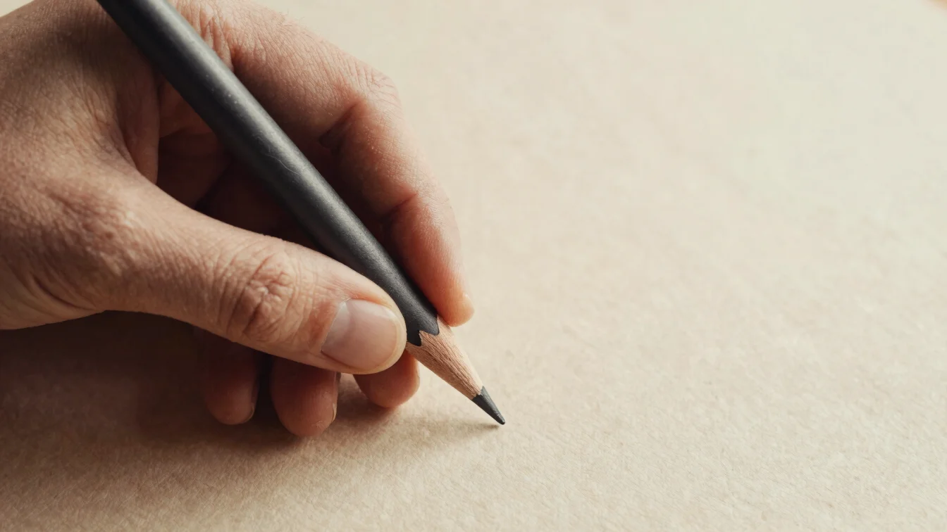 Mãos segurando um lápis grafite HB e um 6B sobre uma folha de papel texturizado, foco nas pontas dos lápis e na textura